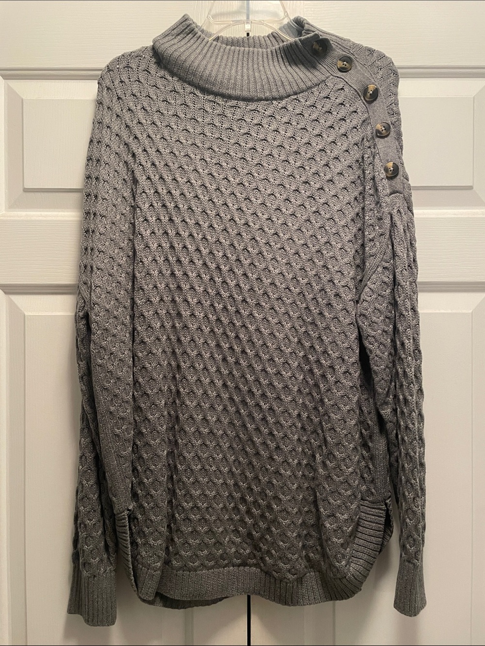 Motherhood Maternity Gray Cable Knit Turtleneck Sweater with Shoulder Buttons